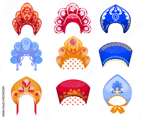 Cartoon set of kokoshniks, traditional Russian woman headdress. Flat vector illustration. Different colorful kokoshniks as vintage ornamental folk Russian hats. Ethnic, history, culture, folk concept
