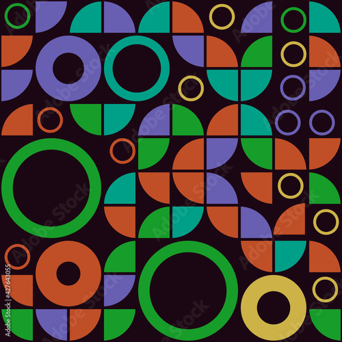 Abstract colorful ornament. Circles and geometric shapes like quarters. Vector.