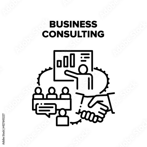 Business Consulting Advise Vector Icon Concept. Business Consulting Advise And Businessman Presentation On Meeting, Partners Handshaking After Successfully Deal. Consultant Black Illustration