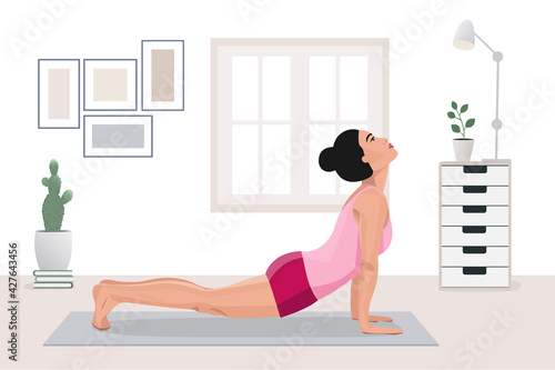 happy woman doing yoga exercises, practicing stretching on mat in yoga studio or home. vector illustration