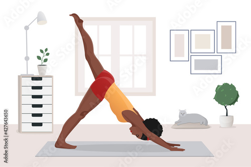 african american woman doing yoga exercises, practicing stretching on mat in yoga studio or home. vector illustration