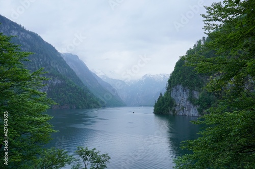 Foggy lake "Königssee" in the Bavarian Alps in Berchtesgaden