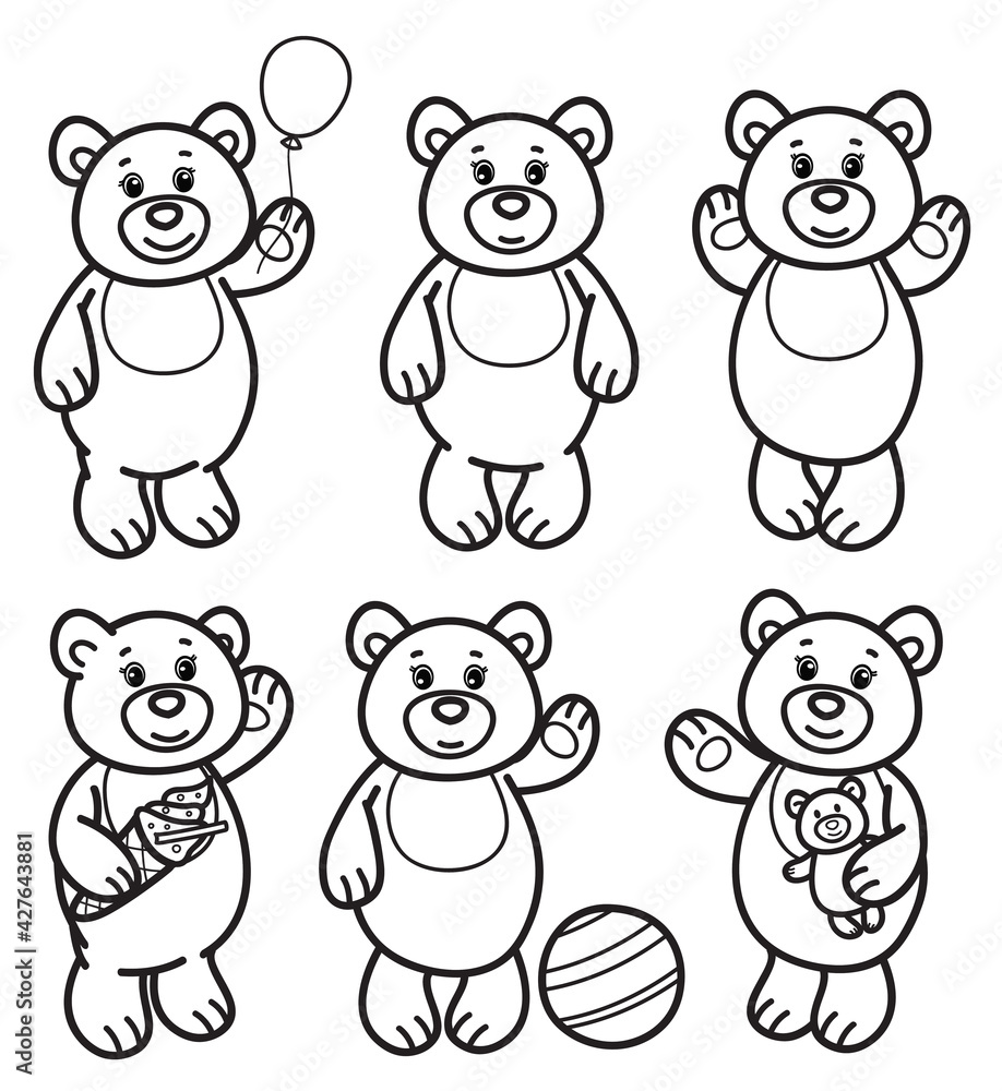 Vector little bears cartoons, black silhouettes. Cute Teddies for kid's coloring. Vector little bears cartoons, black silhouettes. Cute Teddies for kid's coloring.