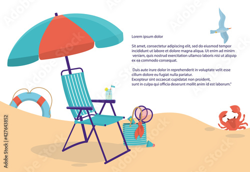 A beach-style banner with a sun lounger and other summer items. Space for your text. Editable vector layout in cartoon style. An element of marine or summer design. EPS 10.