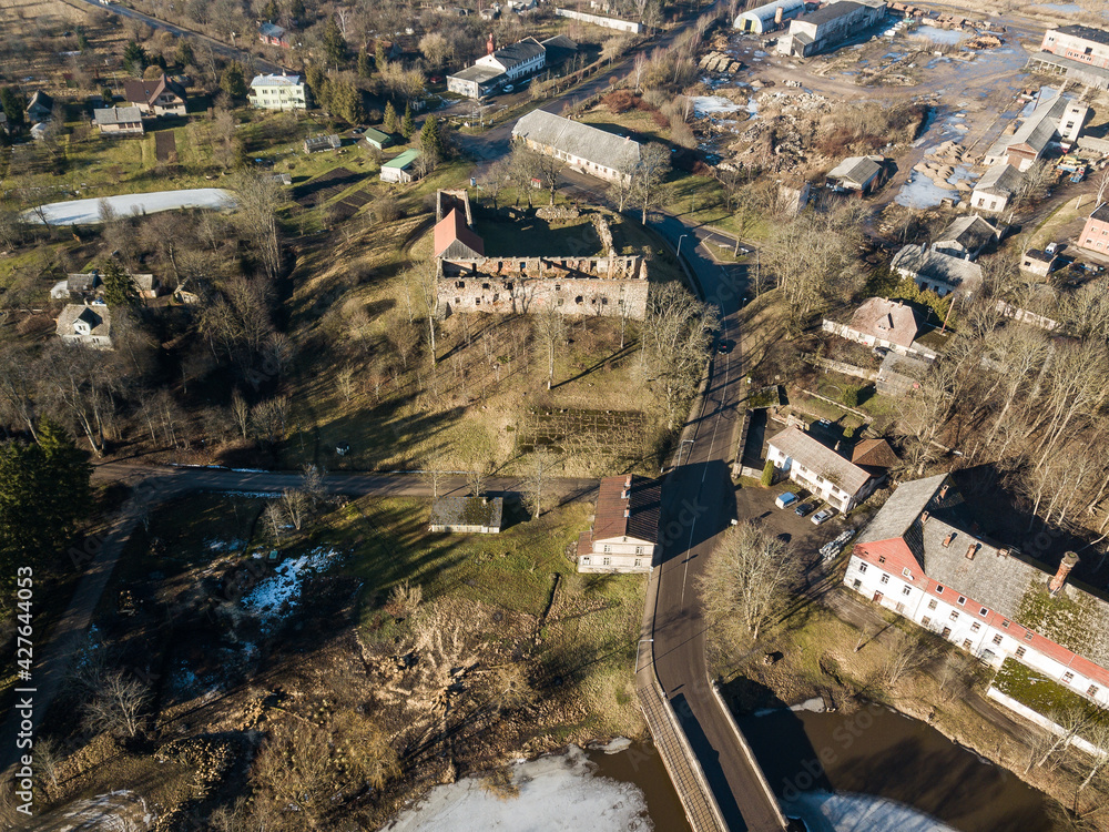 Aerial view of Aizpute castle ruins, Latvia.