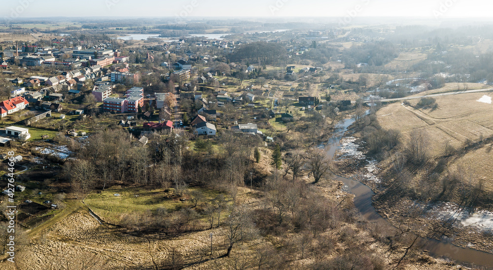 Aerial view of Aizpute town, Latvia.