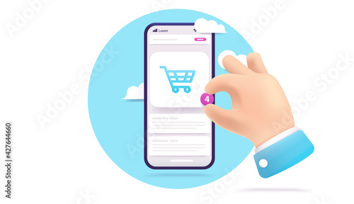 Smartphone with shopping cart - Cartoon hand shopping on mobile phone with shopping basket icon in oval frame. Vector illustration.