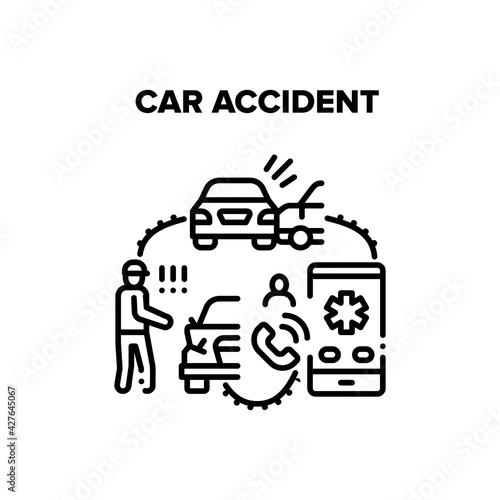 Car Accident Vector Icon Concept. Car Accident Road Situation And Traffic Problem, Calling To Emergency, Recovery Service Or Insurance Company. Crashed And Damaged Automobiles Black Illustration