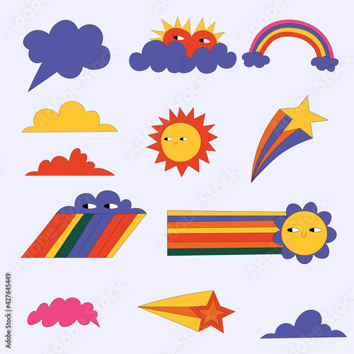vector set of weather stickers. Kawaii vintage sticker icons - sun, cloud, rainbow, star.60s and 70s hippie style.Isolated children's pictures of natural phenomena with eyes.Summer psychedelic icons.