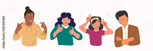 Happy people with teeth braces. Group of different gender and age people demonstrates dental braces for teeth alignment. Dental care. Trending flat vector.