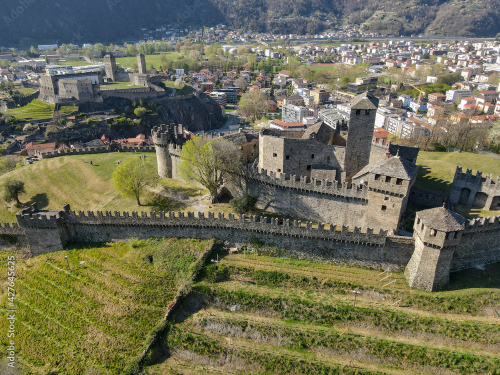 Aerial view at Montebello and Castelgrande castles at Bellinzona on the Swiss alps