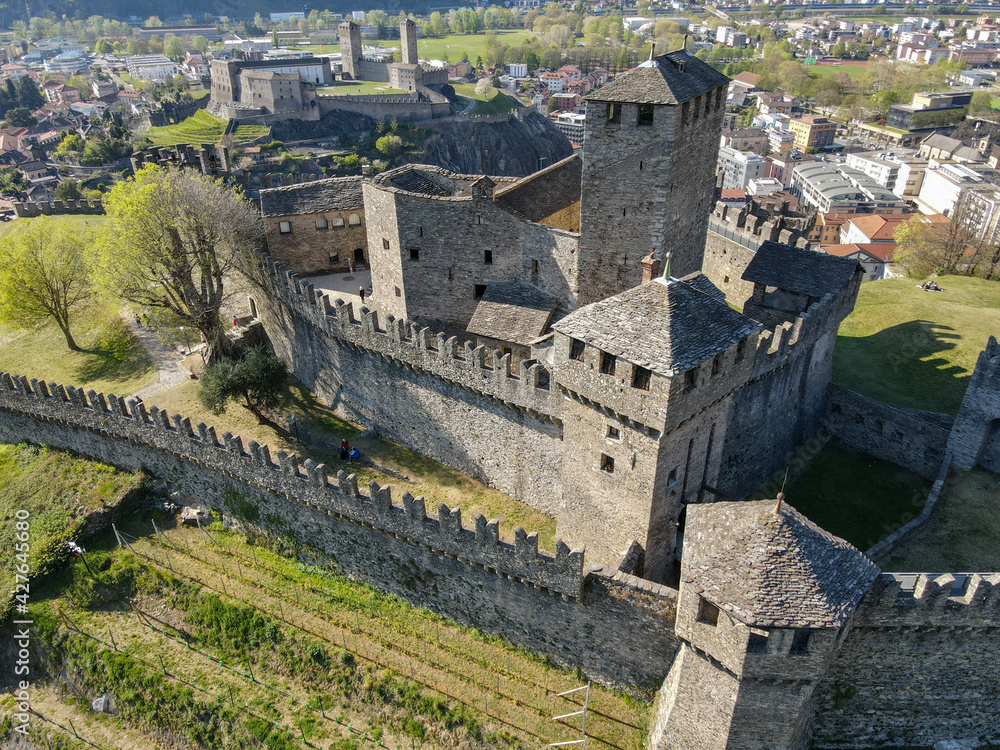 Aerial view at Montebello and Castelgrande castles at Bellinzona on the Swiss alps