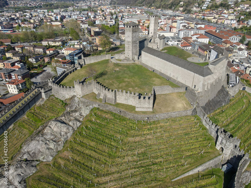 Aerial view at Castelgrande castle at Bellinzona on the Swiss alps