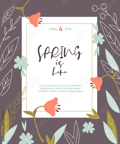 Spring card or banner design with flowers and floral elements,  flat vector illustration. Banner background for spring sale and other events promotion.