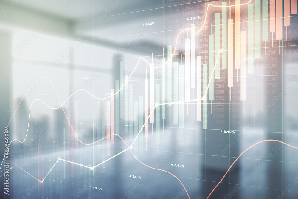 Multi exposure of abstract virtual financial graph hologram on empty corporate office background, forex and investment concept Multi exposure of abstract virtual financial graph hologram on empty corporate office background, forex and investment concept