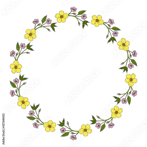 Round frame with buttercup and sakura branches on white background. Doodle style. Vector image. © Asahihana