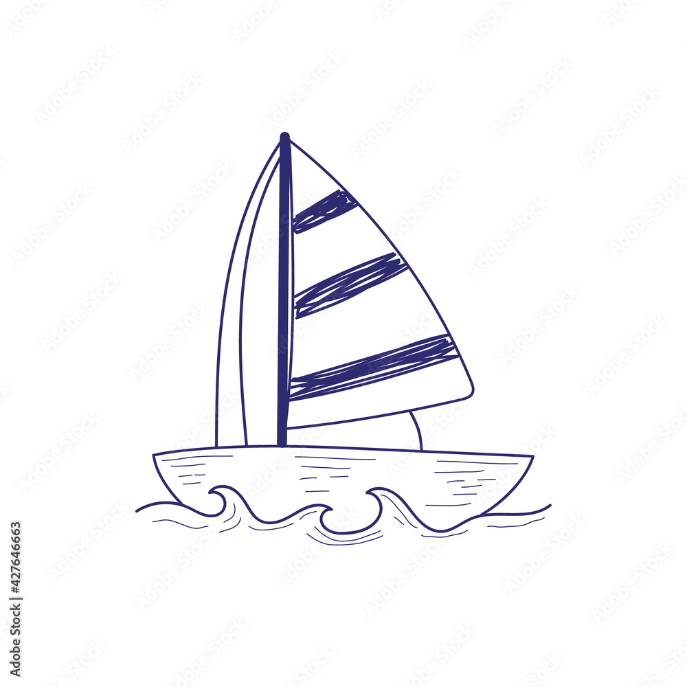 A boat with a sail. Vector illustration in hand drawing style. Yacht drawn with a ballpoint pen. A boat with a sail. Vector illustration in hand drawing style. Yacht drawn with a ballpoint pen.