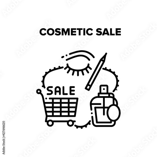 Cosmetic Sale Vector Icon Concept. Cart For Carrying Buying Aromatic And Health Treatment Products, Store Cosmetic Sale. Perfume Spray Bottle And Eyeliner Beauty Accessory Black Illustration