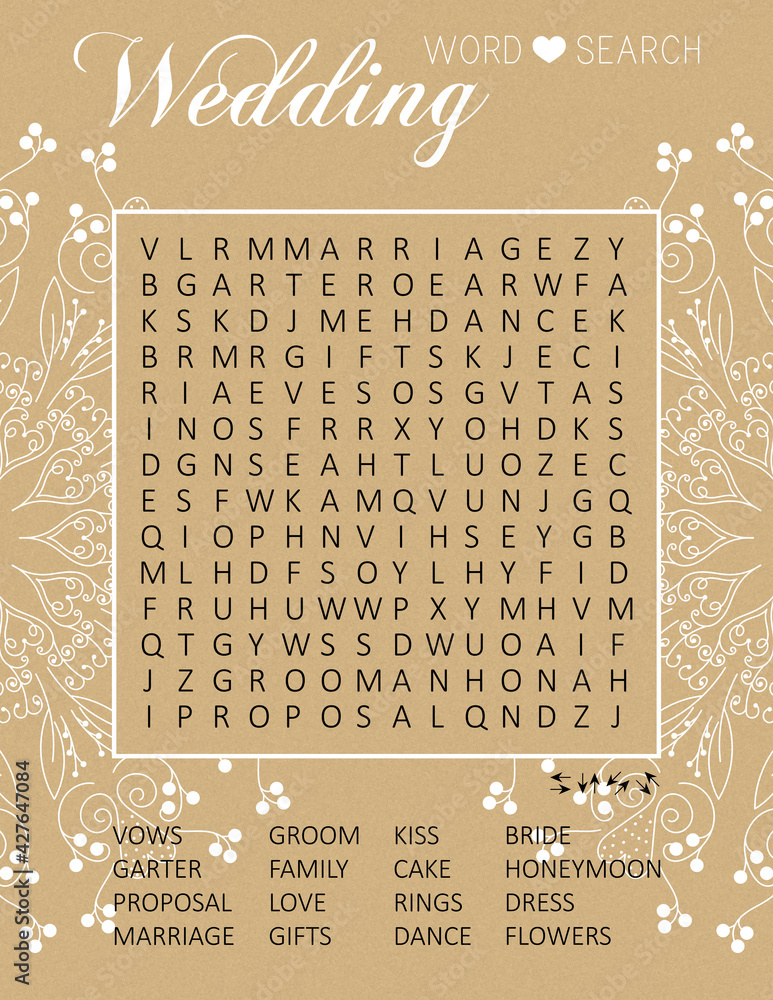 Wedding word search puzzle. Party card. Rustic style. Stock ...