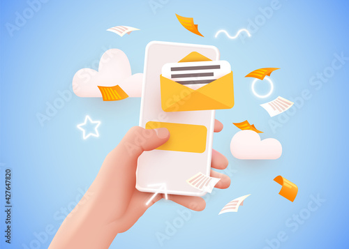 Hand holding mobile smart phone with mail app. Mail service concept.