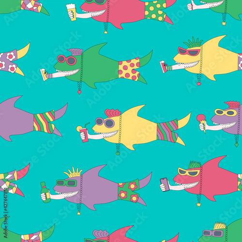 funny cartoon multi-colored sharks in Hawaiian shorts and sunglasses swallowed vacationers. Seamless pattern. Texture for fabric, wrapping, wallpaper. Decorative print.Vector illustration