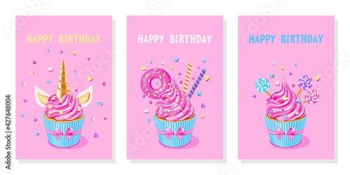 Greeting cards set. Festive unicorn cupcakes. Pink  fairy cupcake unicorn, cakes with pink donut, waffle, lollypops and sprinkles on pink background. vector illustration