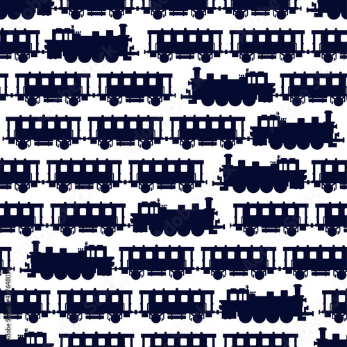 retro steam train and wagons. Seamless pattern. Texture for fabric, wrapping, wallpaper. Decorative print.Vector illustration