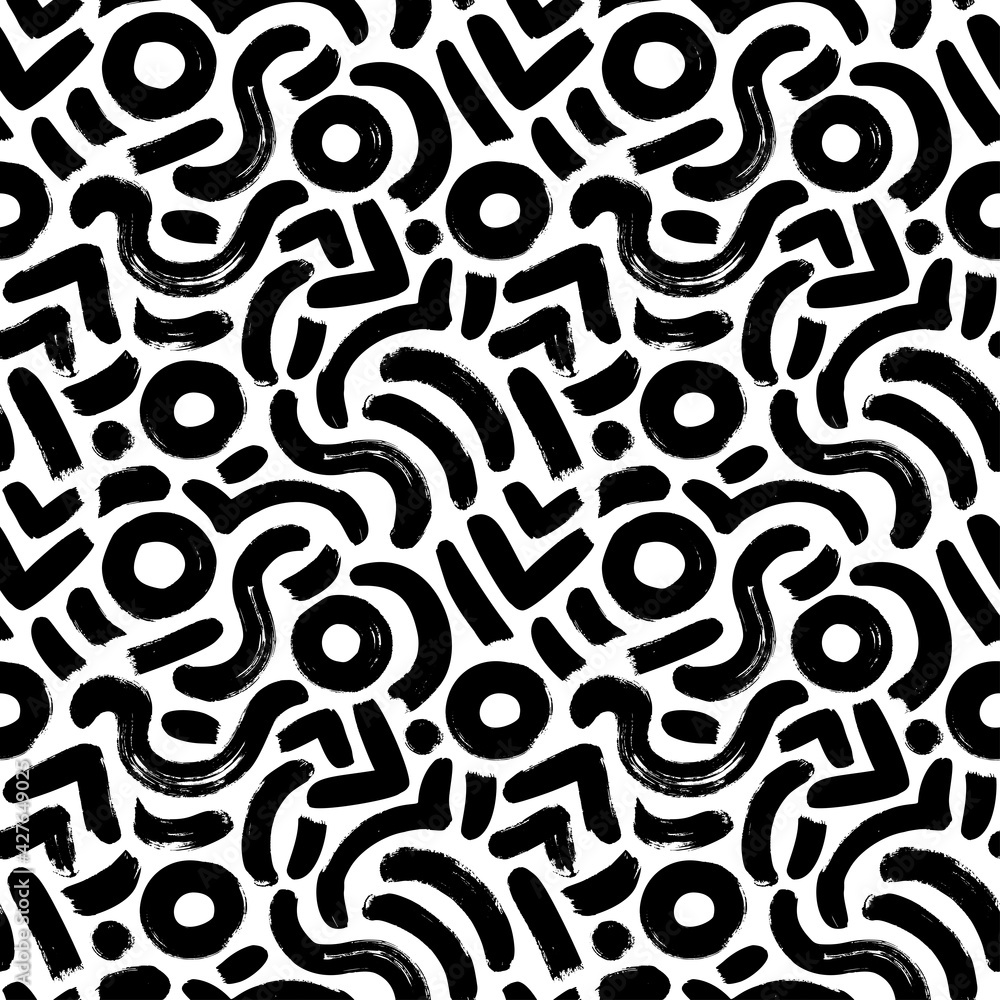 Hand drawn organic vector seamless pattern. Black textured brush strokes. Curved lines and circles. Modern stylish texture with rough natural maze. Black and white wavy organic rounded shapes pattern