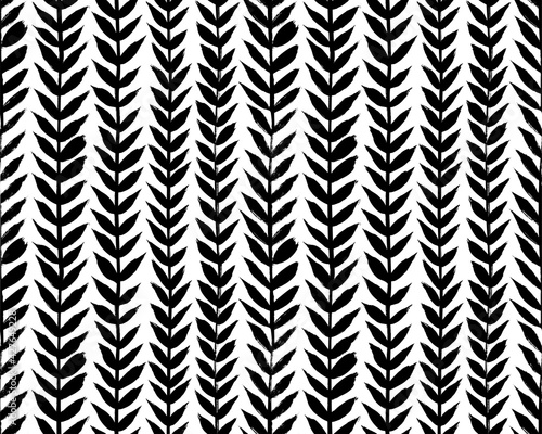 Vertical olive leaves borders, hand drawn vector seamless pattern. Black brush leaves and twigs. Olive branch modern organic ornament. Black ink texture with foliage. Abstract plant motif