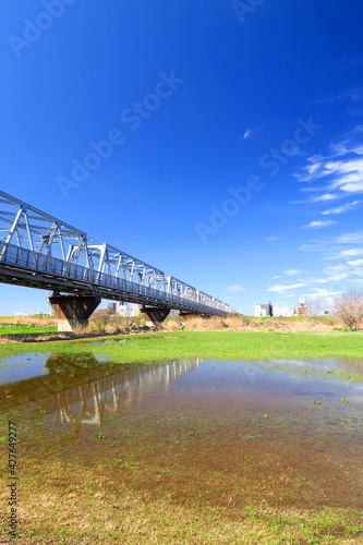 春の雨上りの江戸川河川敷と武蔵野線鉄橋風景