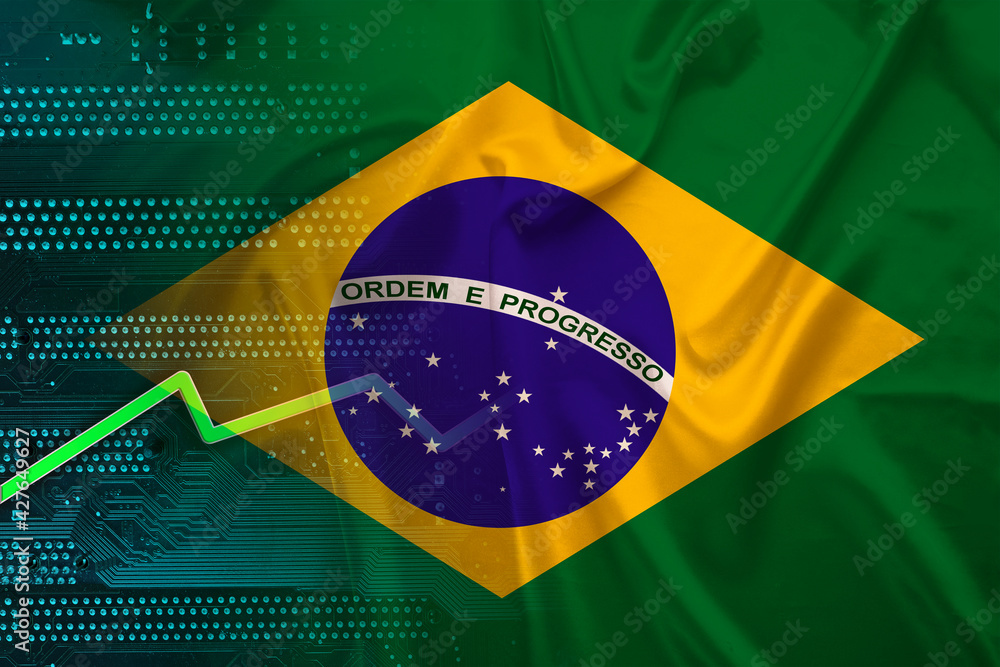 national flag of on silk with folds, green electronic printed circuit