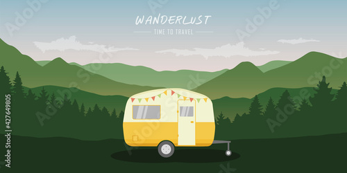 Fototapeta wanderlust camping adventure in the wilderness with camper