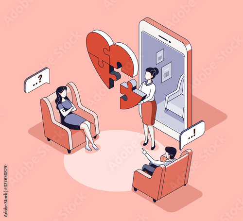 Family Psychologist. Online counseling for couple. Patients at psychological consultation. Psychologist assembling broken heart. Isometric vector illustration