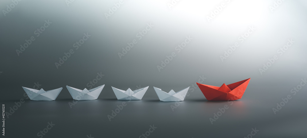 success leadership concept, blue leader boat leading white, strategy planning development - obrazy, fototapety, plakaty 