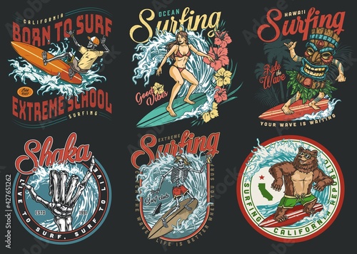 Surfing club vintage colorful labels