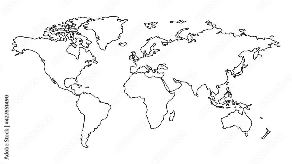 World map animation. Simple outline world map outline motion video animation. 4k video with alpha matte channel.