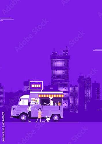 Vintage food truck with customers. Reopening street food business concept. Flat vector.