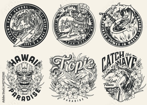 Vintage monochrome surfing emblems