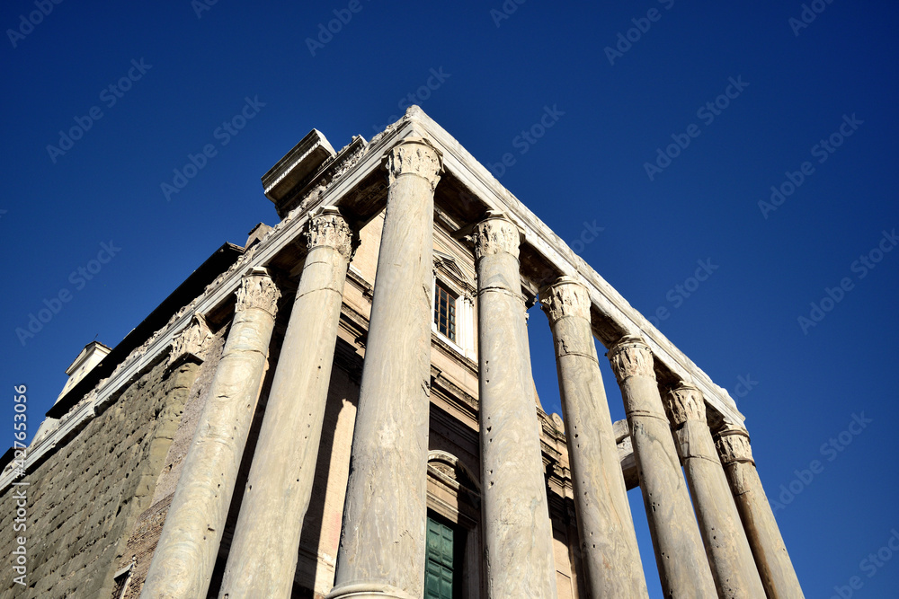 Naklejka premium ancient temple of Antoninus and Faustina transformed into a church - church of San Lorenzo in Miranda - Roman Forum, Rome, Lazio, Italy, Europe
