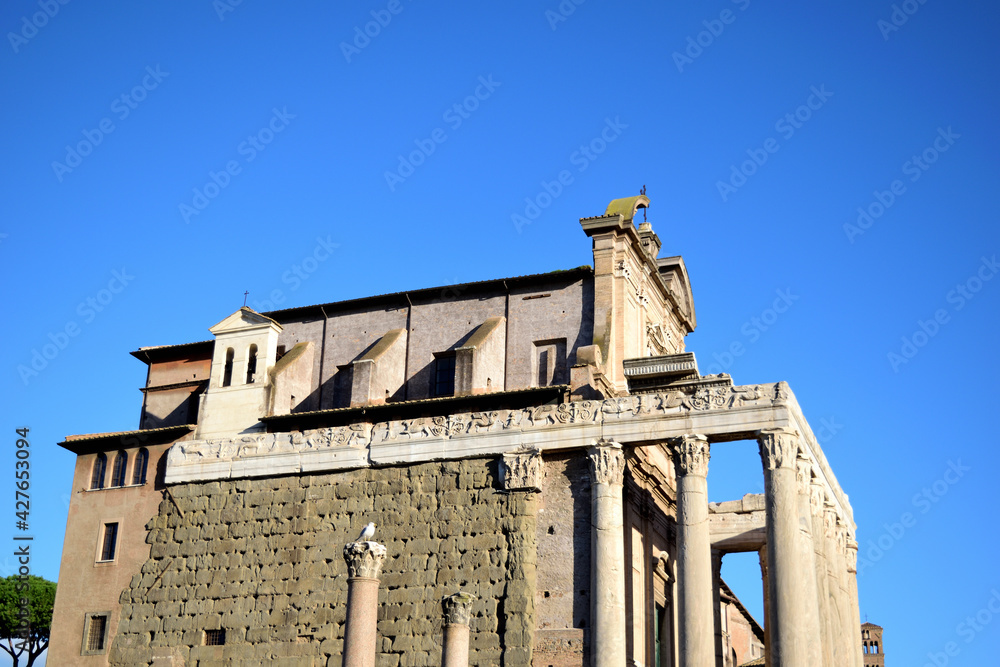 Obraz premium ancient temple of Antoninus and Faustina transformed into a church - church of San Lorenzo in Miranda - Roman Forum, Rome, Lazio, Italy, Europe