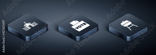 Set Isometric United States Capitol Congress, Barbecue grill and Vote box icon. Vector