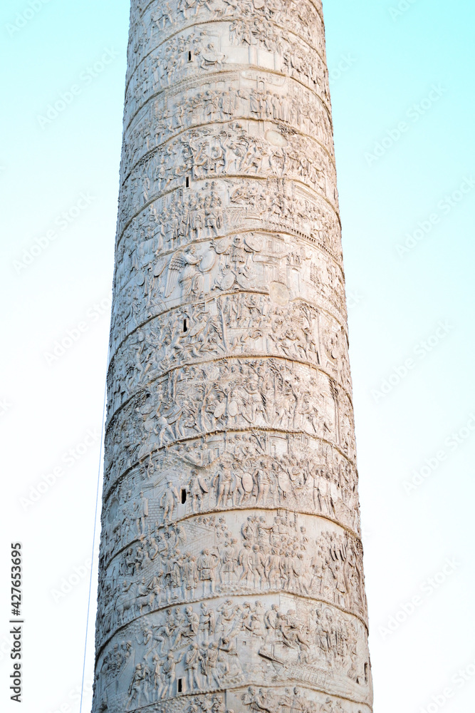 column of Traian empreror in the ancient imperial forum - detail - Rome, Lazio, Italy, Europe - describes the wars between the Romans and the Dacians from 101-102 and 105-106