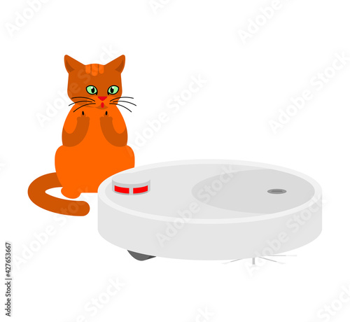 Cat and robot vacuum cleaner. vector illustration