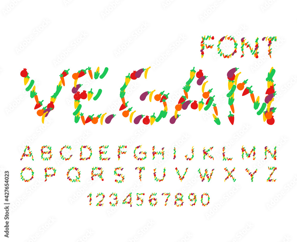 Vegetable font. Vegetarian alphabet. Letters from vegetable ABC. Corn and cucumber. Pepper and eggplant Vegetable font. Vegetarian alphabet. Letters from vegetable ABC. Corn and cucumber. Pepper and eggplant