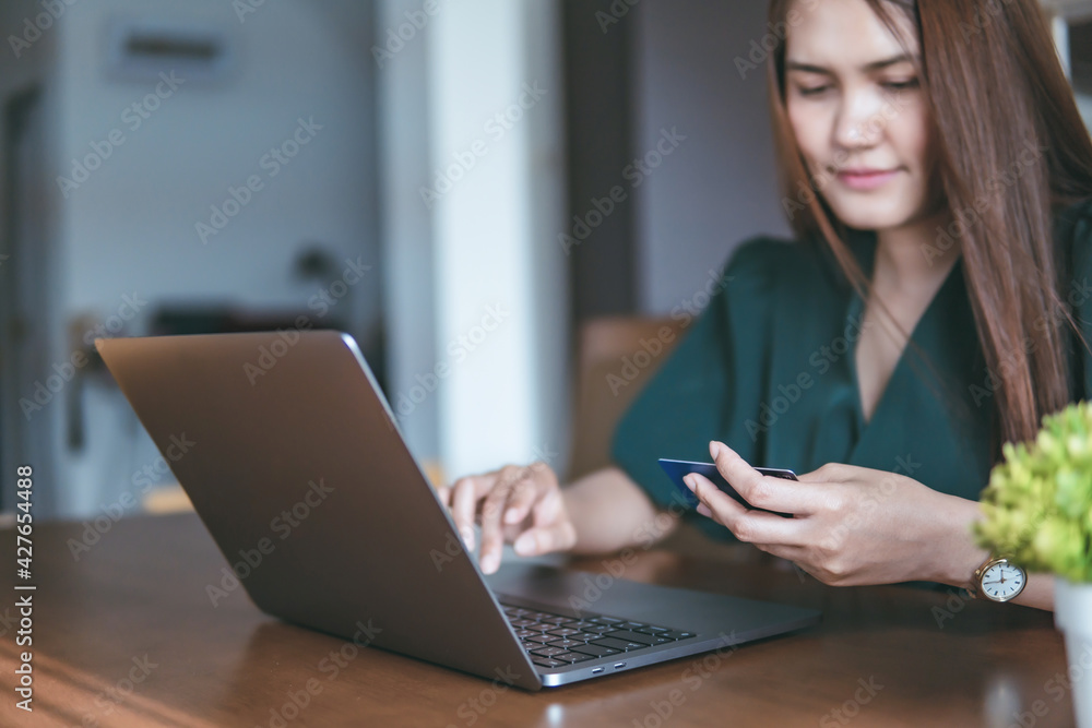 women holding smart card and using laptop for shopping online. women holding smart card and using laptop for shopping online.