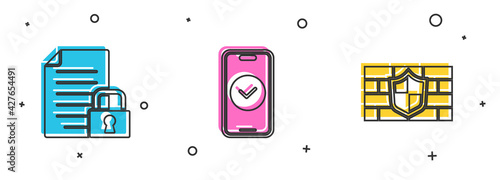 Set Document and lock, Smartphone and Shield with brick wall icon. Vector