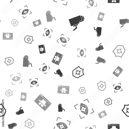 Set Security camera, Eye scan, Shield and Browser incognito window on seamless pattern. Vector