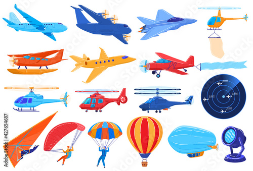 Air transport isolated on white, set of planes and helicopters in cartoon style, vector illustration