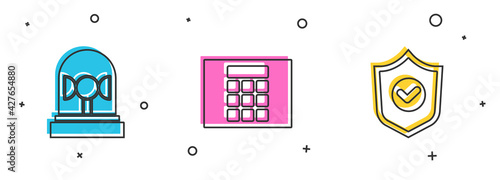 Set Flasher siren, Password protection and Shield with check mark icon. Vector