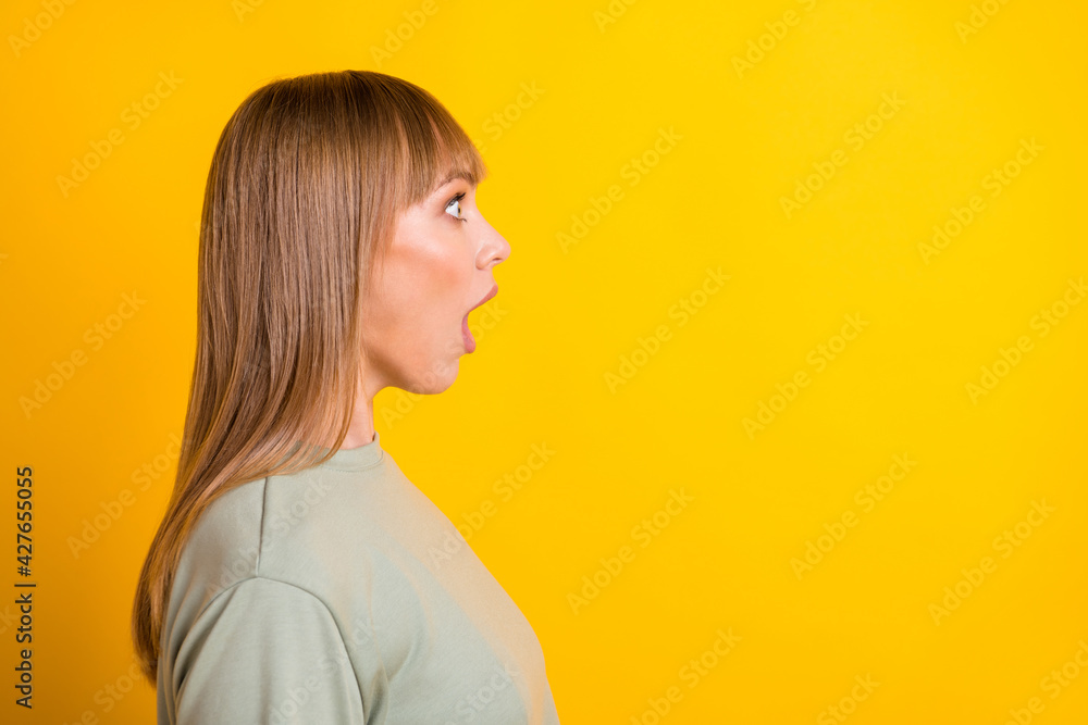 Close-up profile side view portrait of charming amazed girl copy space ad reaction isolated over bright yellow color background Close-up profile side view portrait of charming amazed girl copy space ad reaction isolated over bright yellow color background